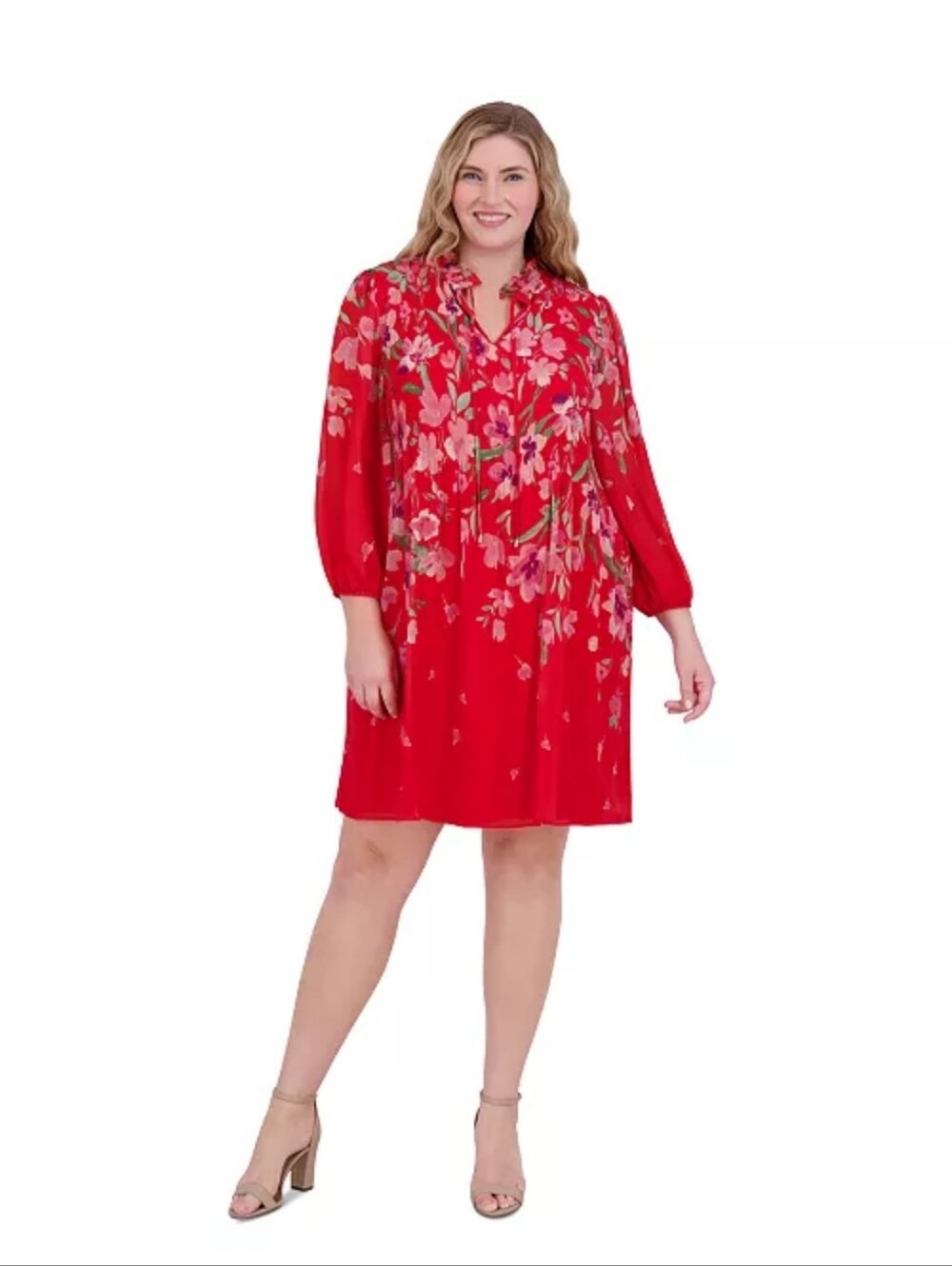 Jessica Howard 18W Pink Floral Chiffon Pleated Shift Dress Bishop Sleeve $139